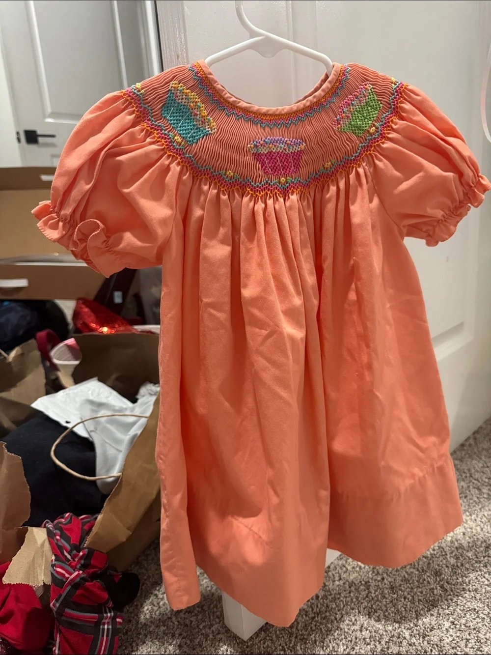Girls Smocked Coral Puff-Sleeve Dress 12m birthday dress